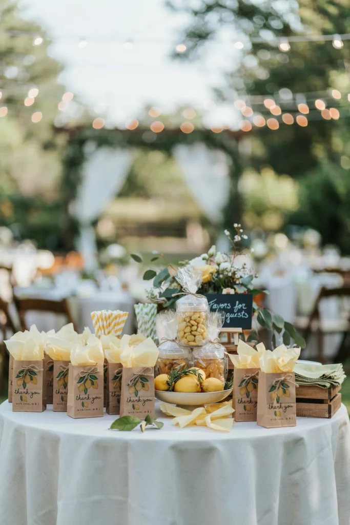  A styled favor table with small lemon-print gift bags, tissue paper, and stacked party favors ready for guests to take home.