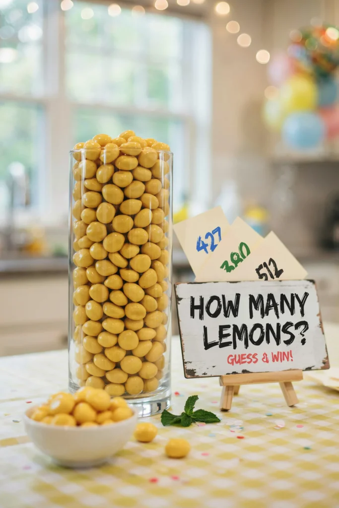  A glass jar filled with yellow lemon-drop candies next to a wooden guessing-game sign and small guessing cards on a decorated table