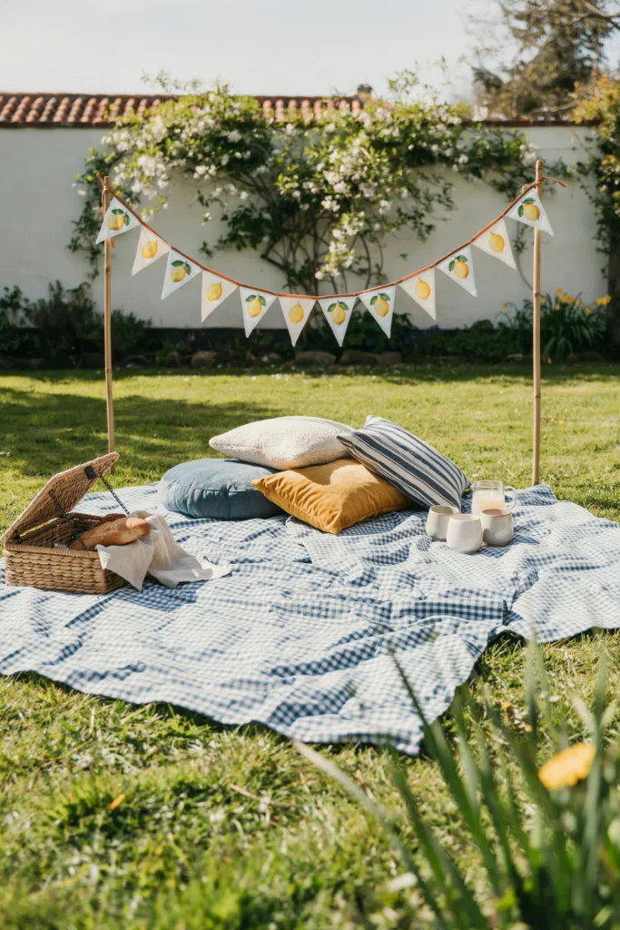Low picnic-style setup with blue gingham blankets, floor cushions, and a lemon-tile pennant bunting strung above the seating area