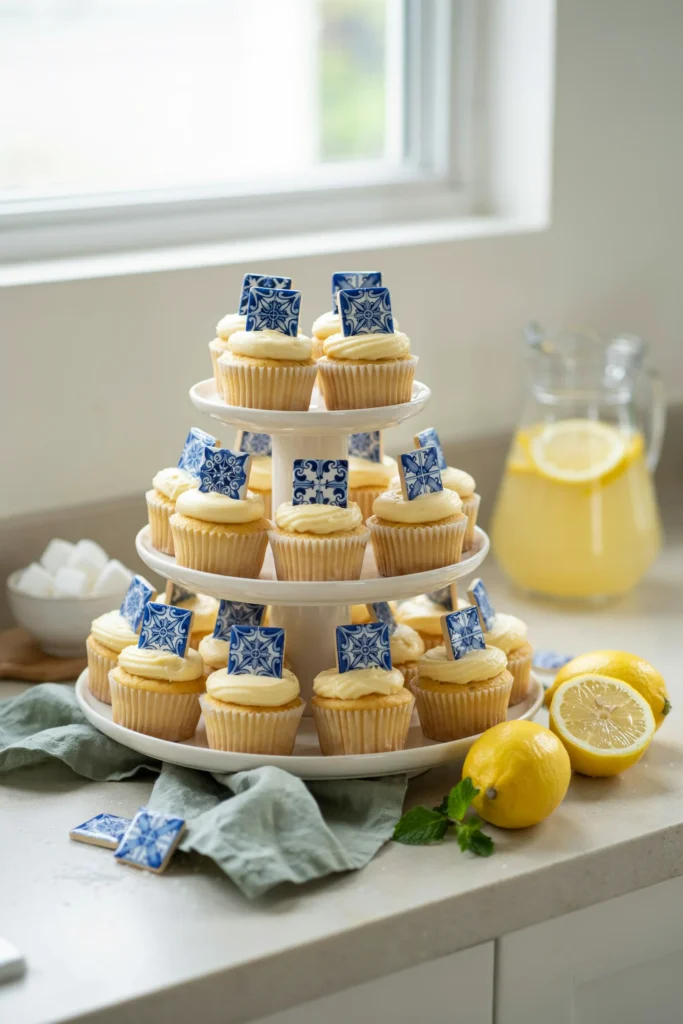 Three-tier cupcake stand loaded with lemon-frosted cupcakes topped with blue-and-white tile picks, styled next to fresh lemon halves.