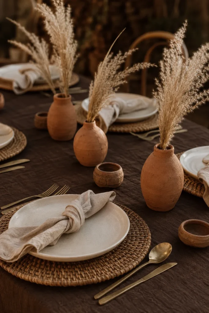Terracotta clay vessels with dried pampas grass on chocolate brown linen
