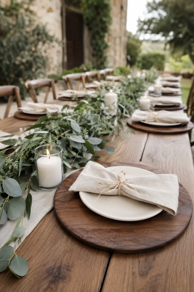 Walnut wood charger with sage eucalyptus wedding table runner