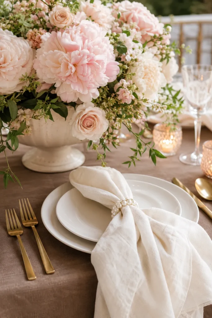 Mocha brown linen wedding table with blush peonies and pearl napkin rings