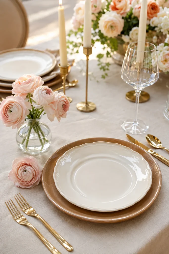 Caramel brown charger plate with blush ranunculus and ivory taper candles