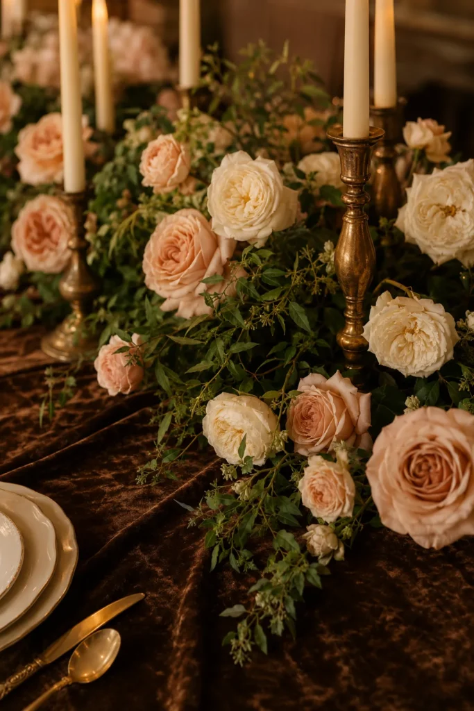 Chocolate brown velvet wedding table with blush garden roses and brass candlesticks