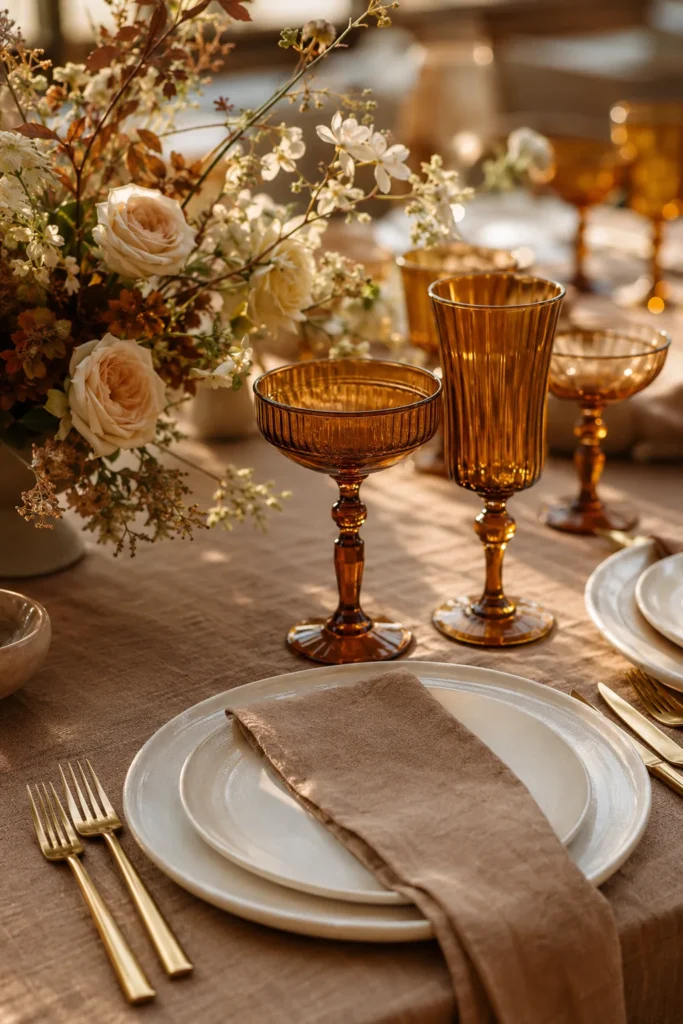 Caramel brown linen with gold flatware and amber glassware