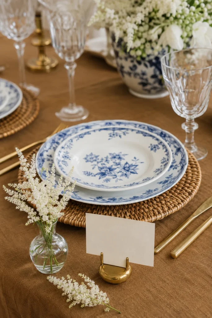 Chinoiserie navy blue wedding china on rattan chargers