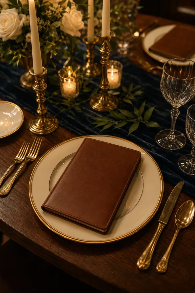 Cognac leather wedding menu with navy velvet table runner