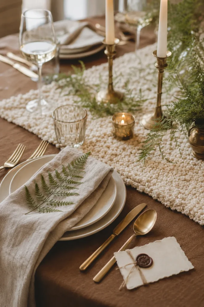 Boucle table runner with sage fern and wax-sealed wedding place cards