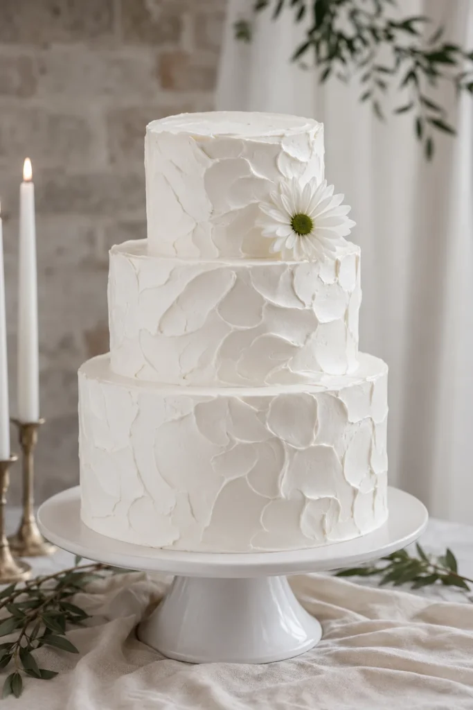Wedding cake with swirled buttercream texture and a cluster of fresh white daisies on top