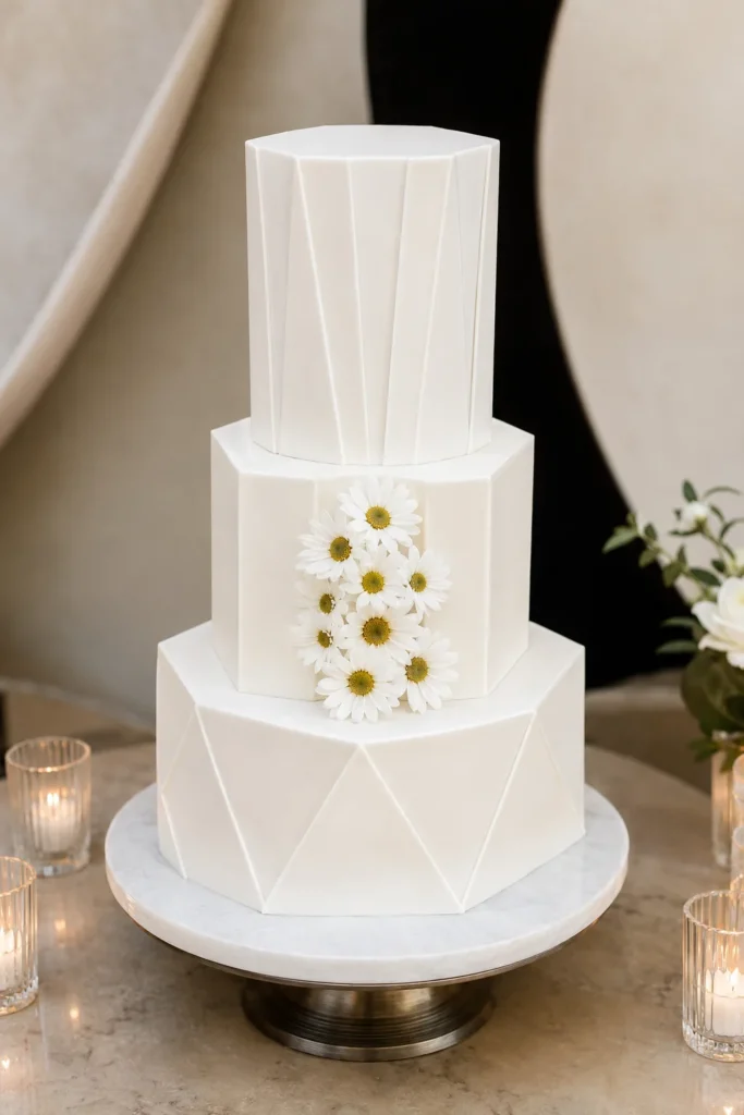 Geometric-shaped white wedding cake with a cluster of fresh daisies in the center