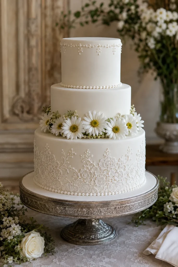 White fondant wedding cake with edible lace detailing and fresh daisies