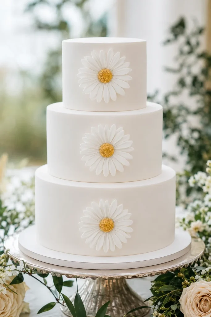 Three-tier white fondant wedding cake each topped with a single fondant daisy