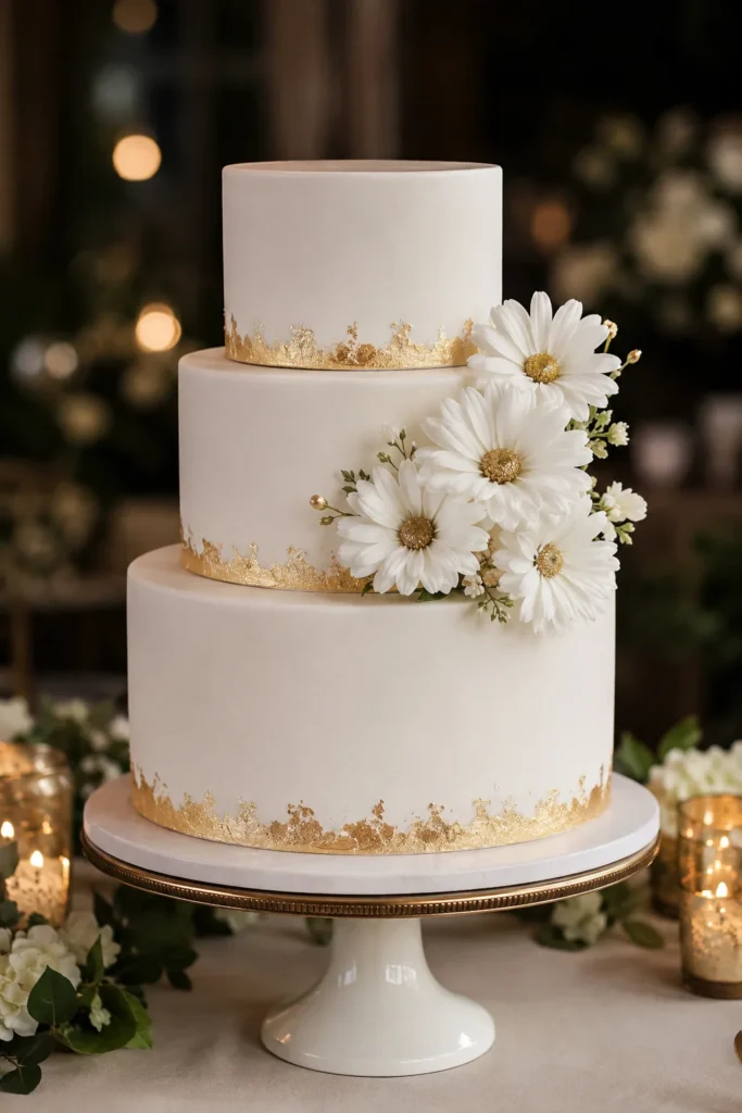 White wedding cake with gold leaf tier borders and a cluster of daisies with gold-dusted centers