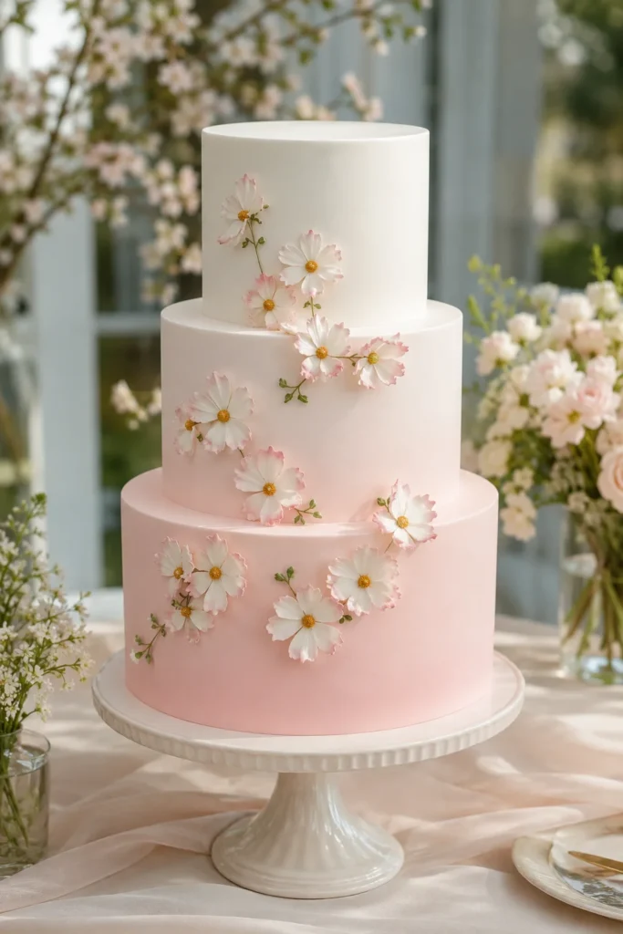 Blush ombre wedding cake with white daisies featuring soft pink-edged petals