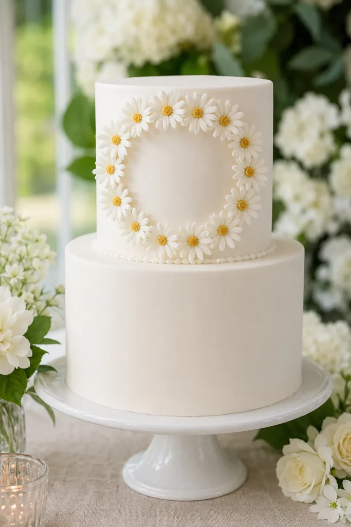 Two-tier wedding cake with a wreath of fondant daisies around the top tier