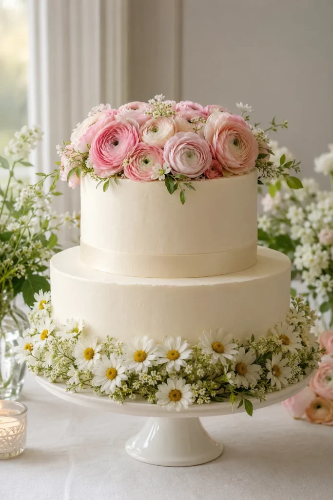 Two-tier wedding cake with white daisies on the base tier and blush ranunculus on the top tier
