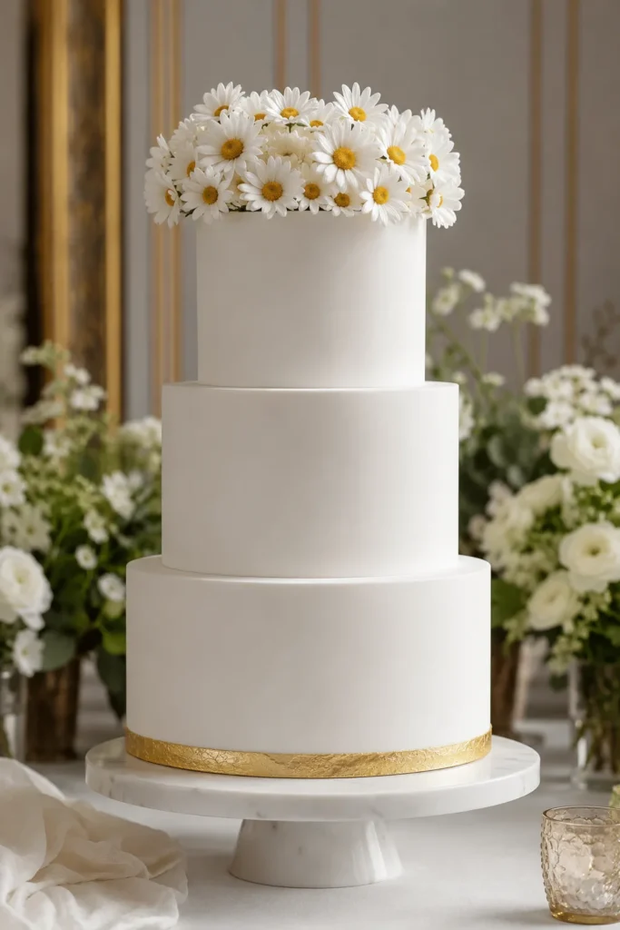 Tall white fondant wedding cake topped with a fondant daisy crown and gold leaf accent