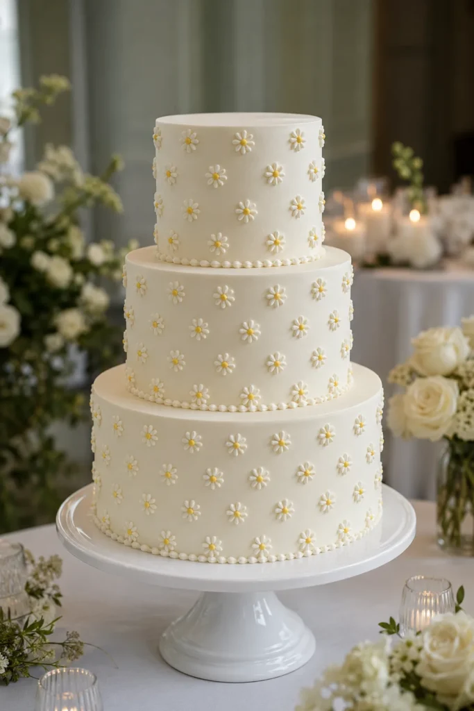 White buttercream wedding cake with delicate hand-piped daisy details on each tier