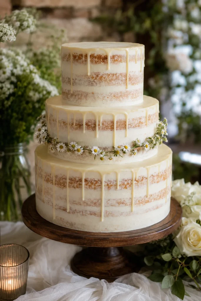Naked wedding cake with white chocolate drip and a chain of small daisies around the middle tier