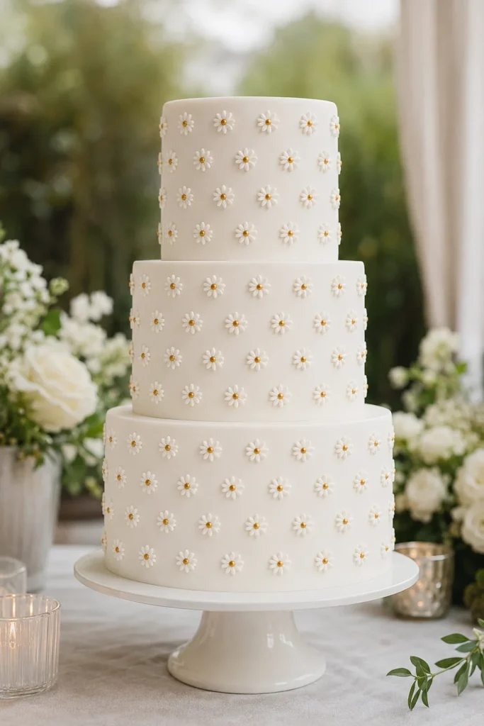 White fondant wedding cake with daisies piped in a precise geometric grid pattern