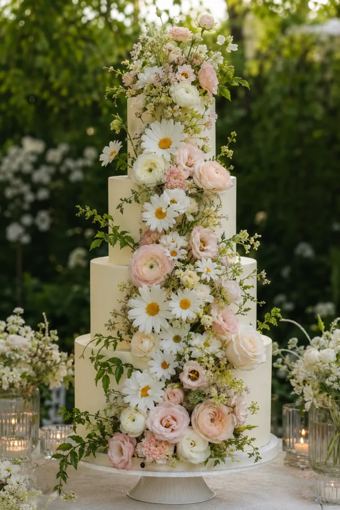 Four-tier wedding cake with an overflowing cascade of fresh daisies, lisianthus, and ranunculus