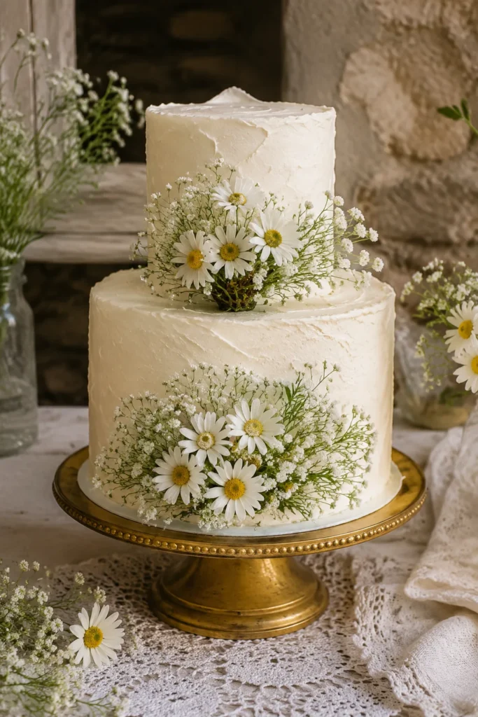 Rustic two-tier wedding cake with textured frosting topped with daisies and baby's breath