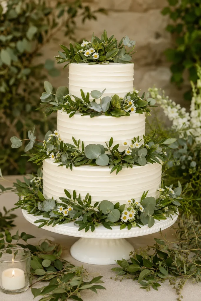 White wedding cake wrapped in fresh eucalyptus and greenery with white daisies peeking through