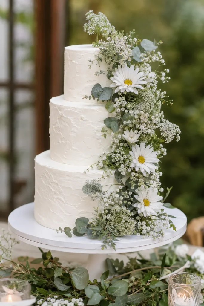 Three-tier white buttercream wedding cake with cascading fresh daisies, eucalyptus, baby's breath, and Queen Anne's lace