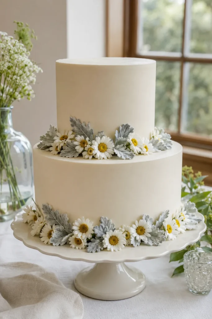 Two-tier cream wedding cake with clusters of fresh white daisies and dusty miller leaves