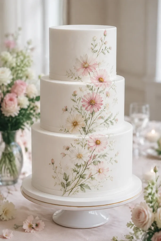 White fondant wedding cake with hand-painted watercolor daisies in pink and cream tones