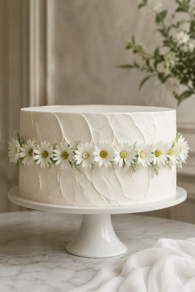Single-tier modern wedding cake with a horizontal line of daisies across the middle
