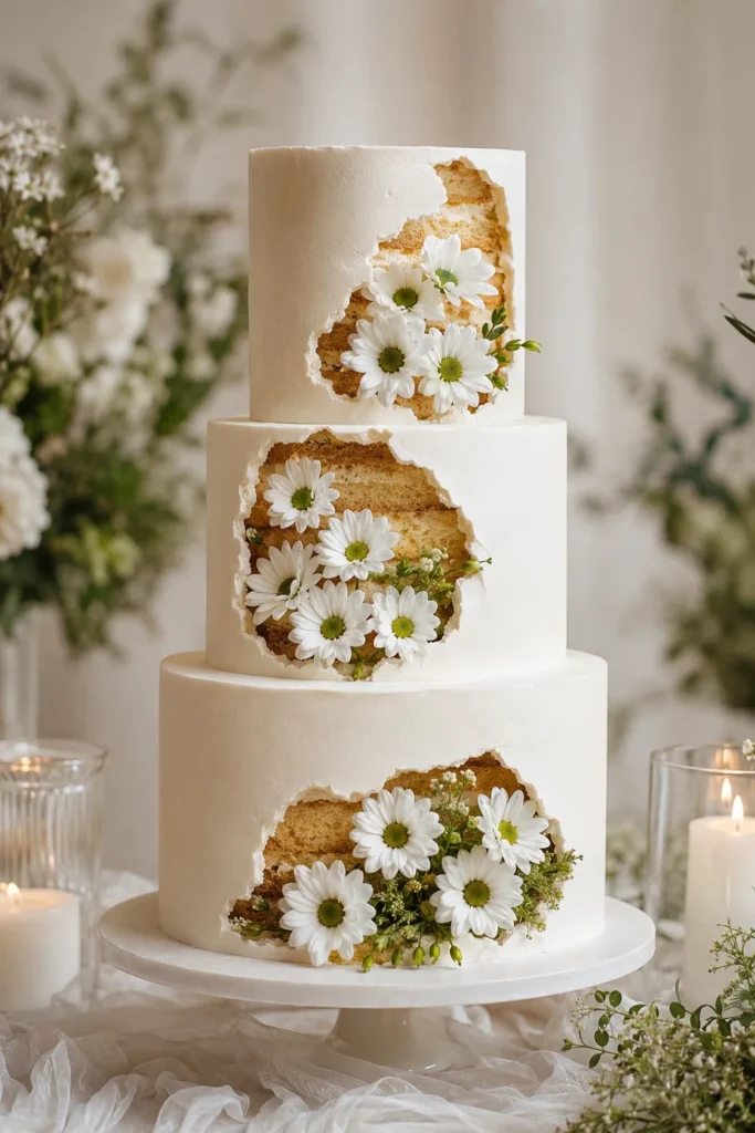 White wedding cake with negative space frosting design and daisies in the exposed gaps
