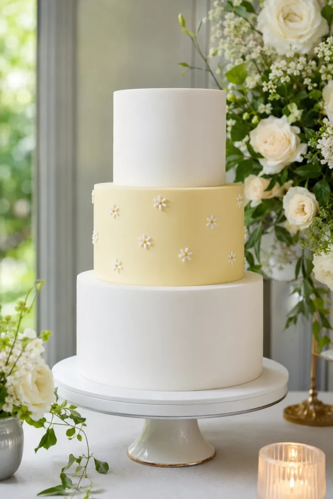 White and butter yellow wedding cake with a minimal pattern of tiny fondant daisies