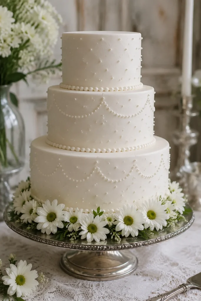 White fondant wedding cake with pearl piping details and fresh daisies