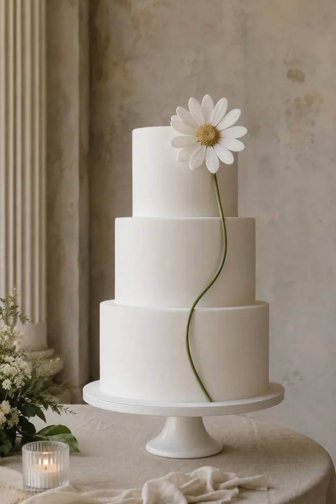 Minimalist white wedding cake with a single oversized daisy placed off-center