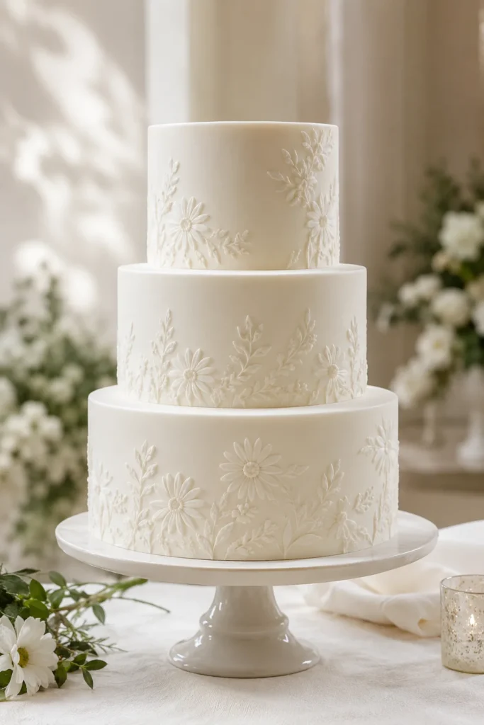 White and cream monochrome wedding cake with subtle fondant daisy texture