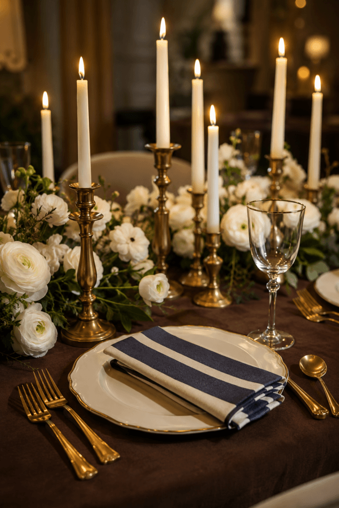 Chocolate brown tablecloth with navy striped napkins and brass candlesticks