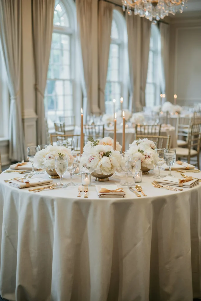 White peony centerpiece clusters on a round wedding reception table