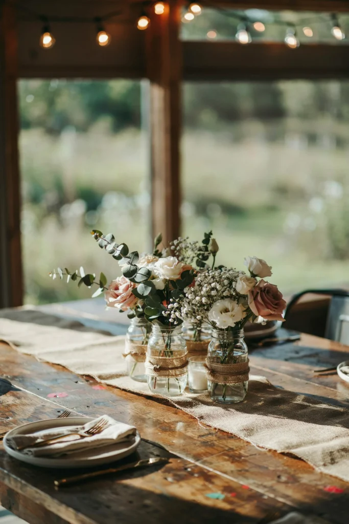 Rustic rose mason jar centerpiece cluster on a wood farm table