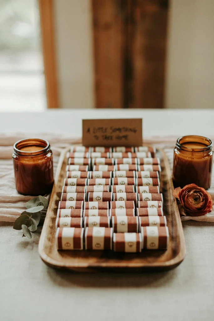 Personalized matchbox wedding favors with custom rust-colored sleeves