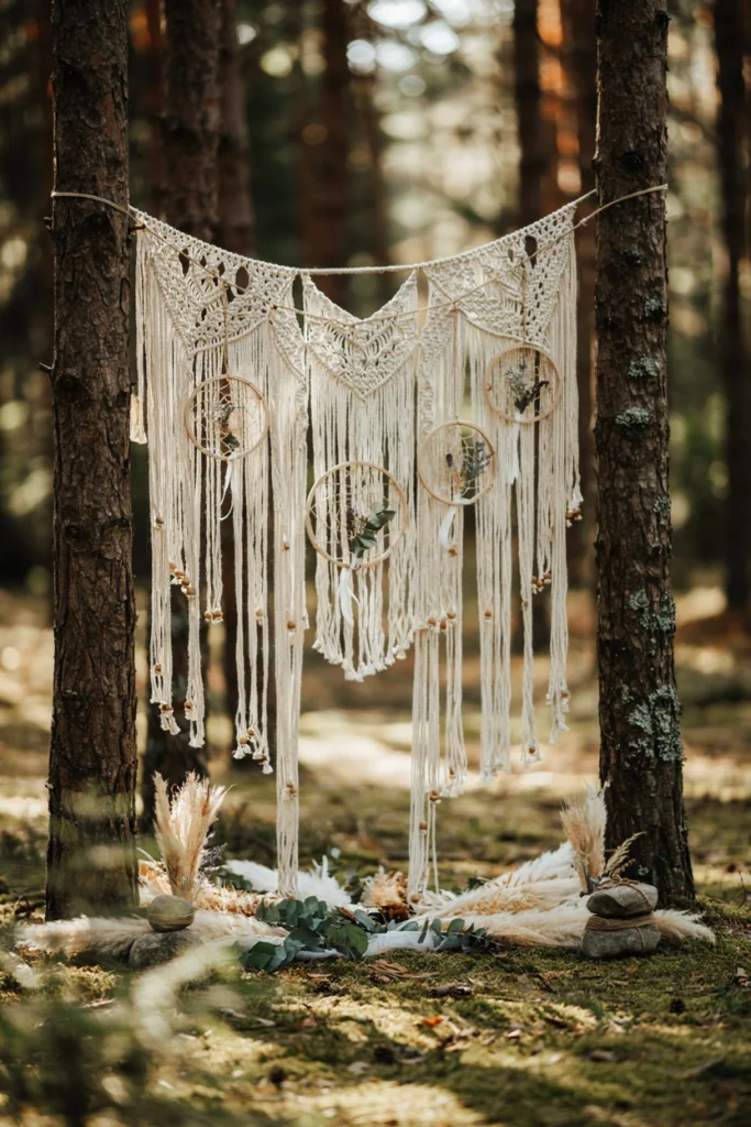 Layered macrame panels and small dreamcatchers hung between two trees as a boho wedding ceremony backdrop