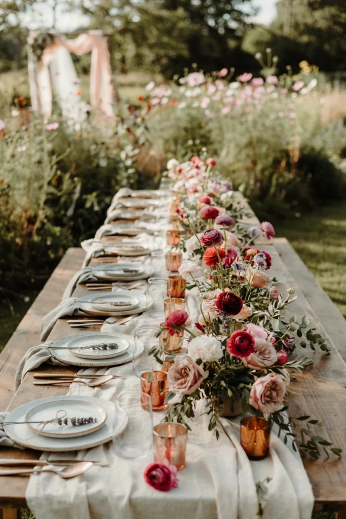 Raspberry and eucalyptus centerpiece with rose gold flatware and votives on a wooden farm table