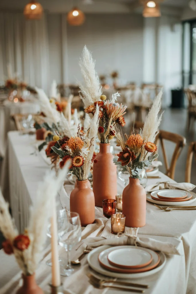 Reception tablescape pairing champagne linens with terracotta vases of rust-toned dried florals