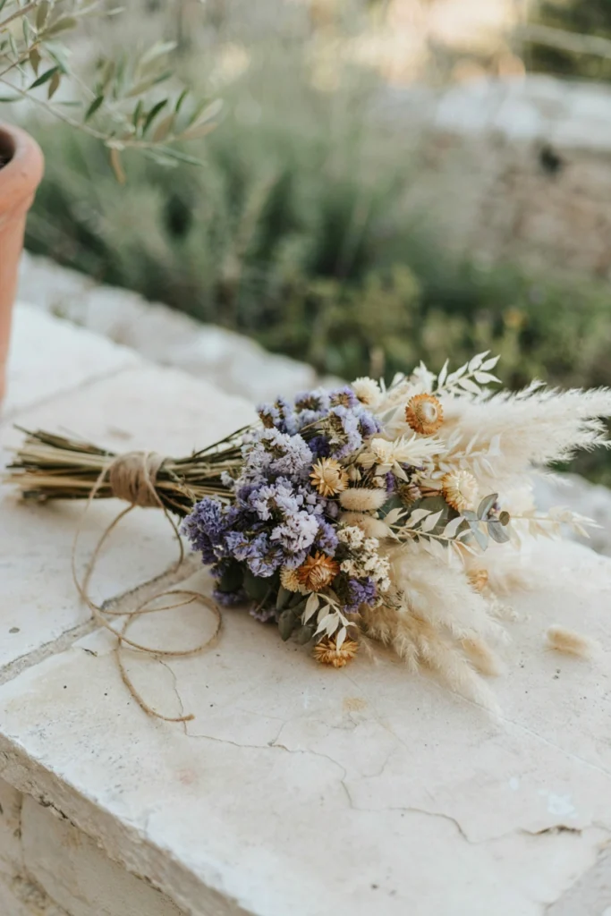 Dried French blue statice and pampas grass boho wedding bouquet