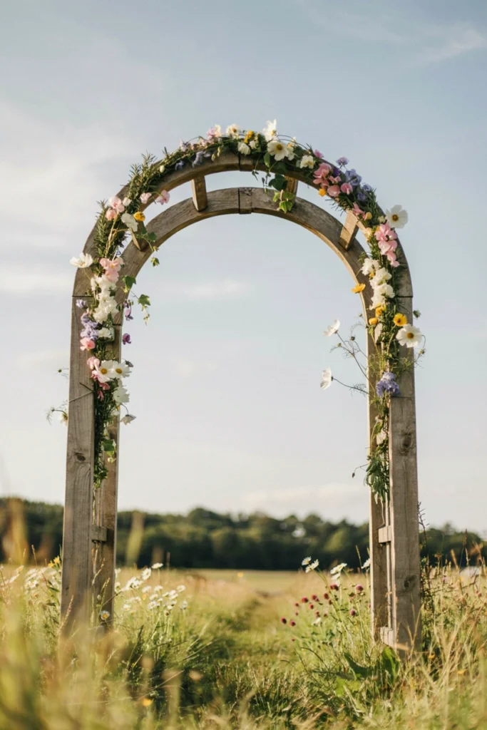 Rustic wooden wedding arbor wrapped in a loose garland of wildflowers, rosemary, and greenery