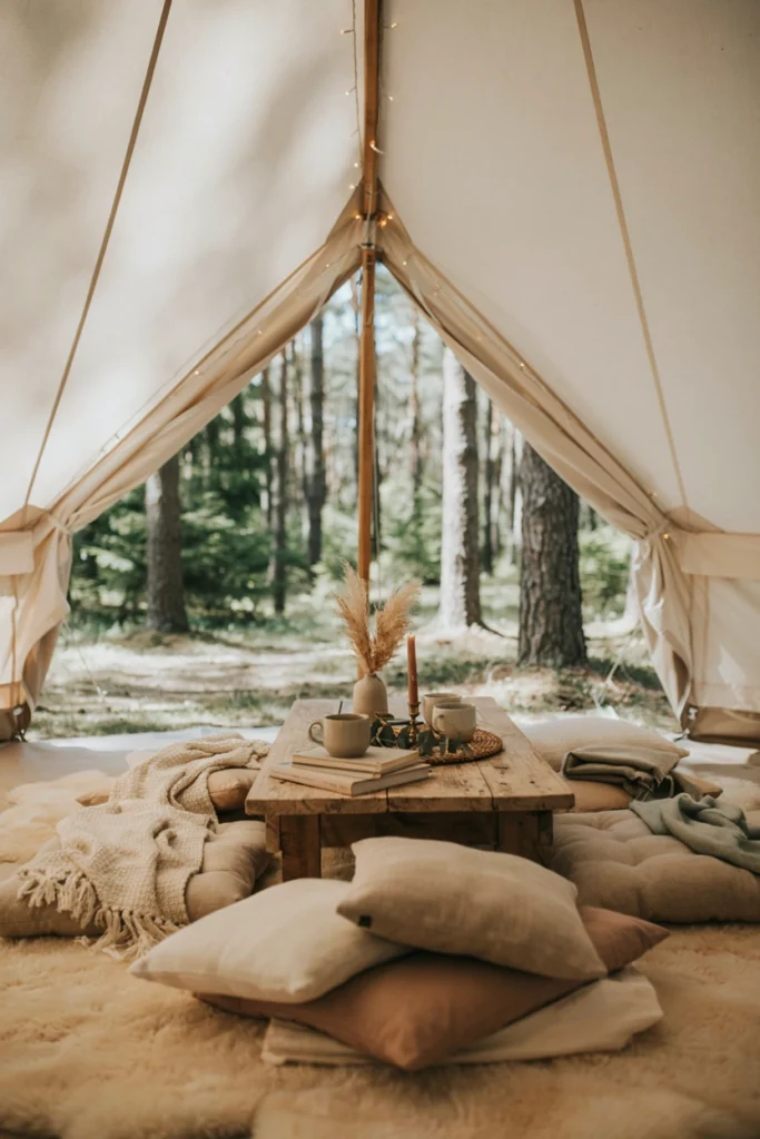 Canvas bell tent lounge area furnished with floor cushions and strung with fairy lights at a wedding reception