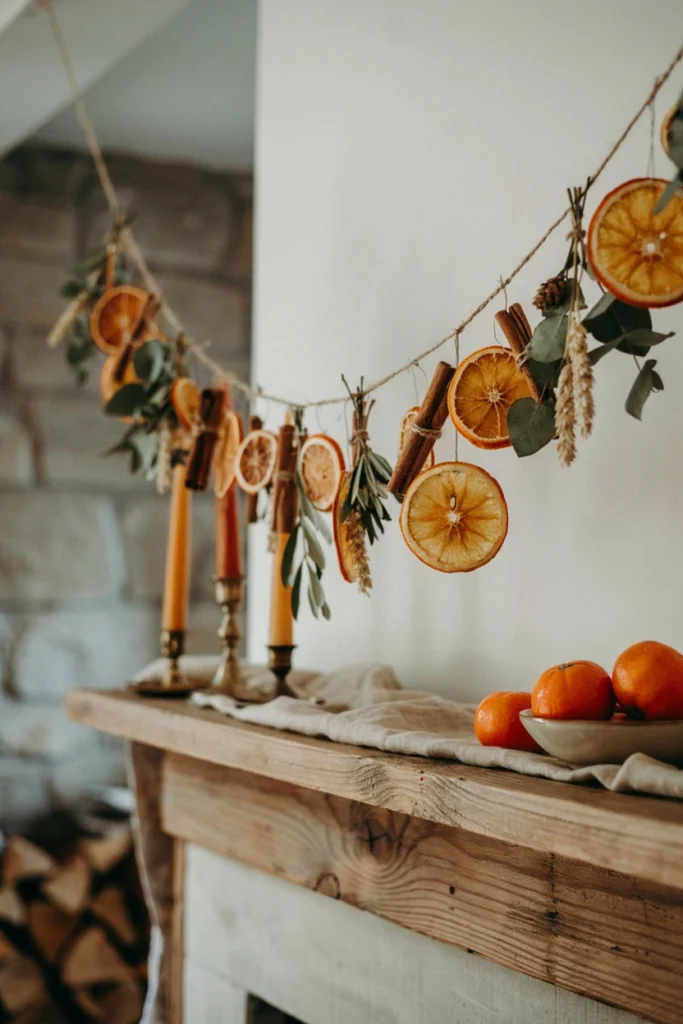 Garland of dried orange slices, cinnamon sticks, and dried greenery strung along a rustic mantel