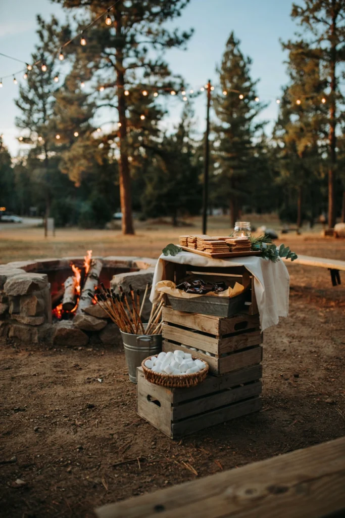 Campfire s'mores dessert bar set up with marshmallows, chocolate, and roasting sticks at a wedding reception