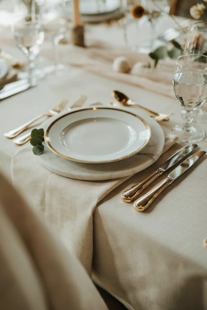 Marble charger plate with gold-rimmed porcelain place setting